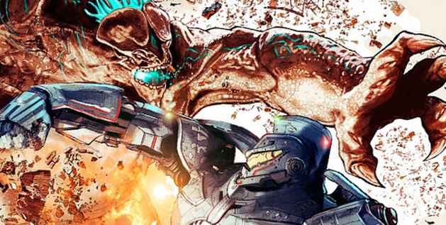 Jaegers vs. Kaiju em cena de batalha de Pacific Rim
